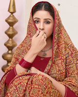 Vishal Prints Vivid Burgundy Printed Brasso Saree With Fancy Border And Tassel