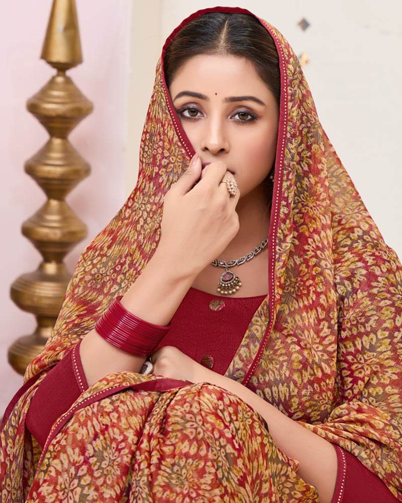 Vishal Prints Vivid Burgundy Printed Brasso Saree With Fancy Border And Tassel