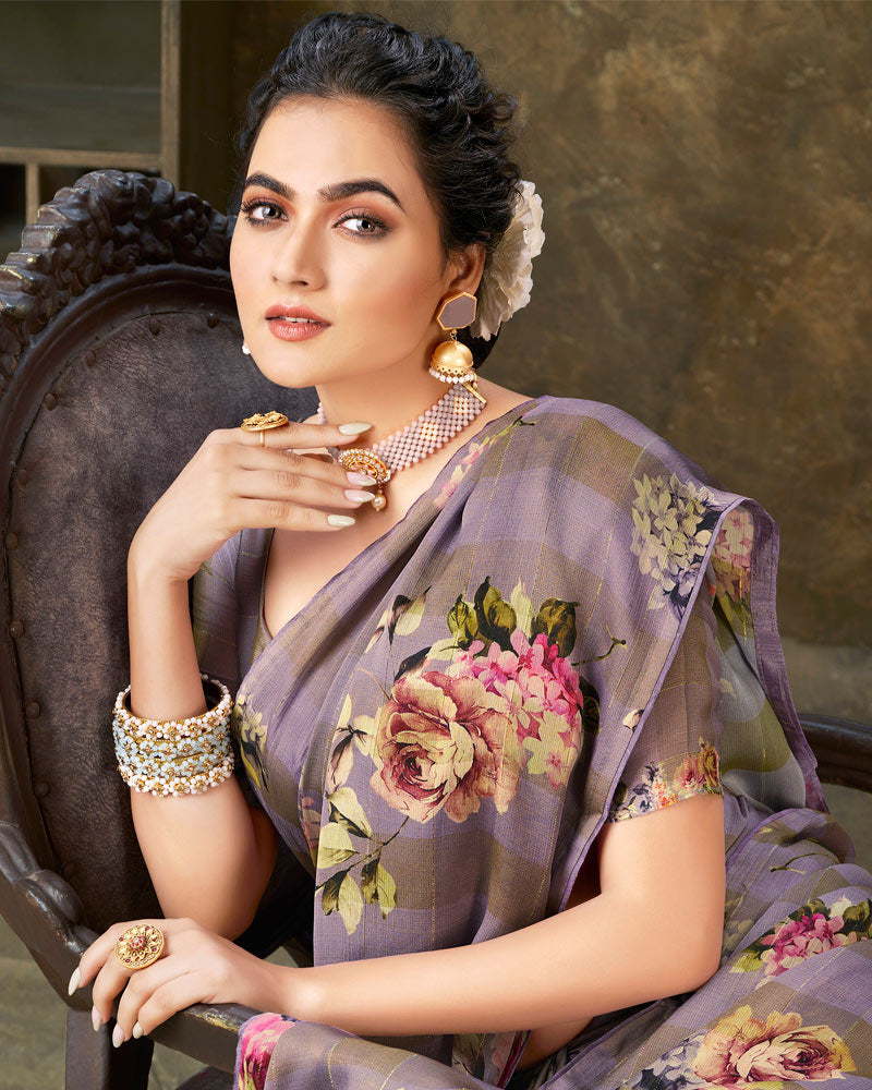 Vishal Prints Dusty Lavender Patterned Chiffon Digital Print Saree With Tassel