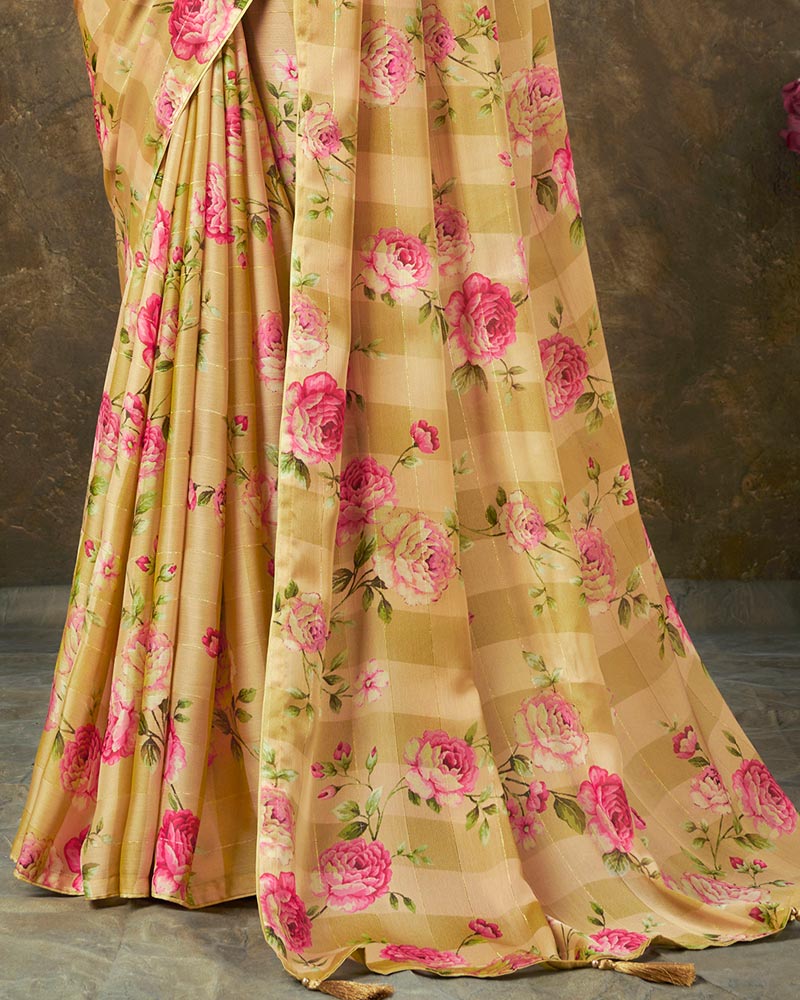 Vishal Prints Sand Brown Patterned Chiffon Digital Print Saree With Tassel