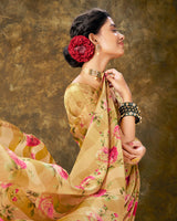 Vishal Prints Sand Brown Patterned Chiffon Digital Print Saree With Tassel
