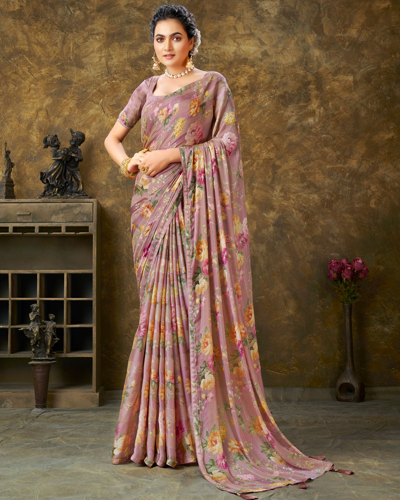 Vishal Prints Pastel Brown Patterned Chiffon Digital Print Saree With Tassel