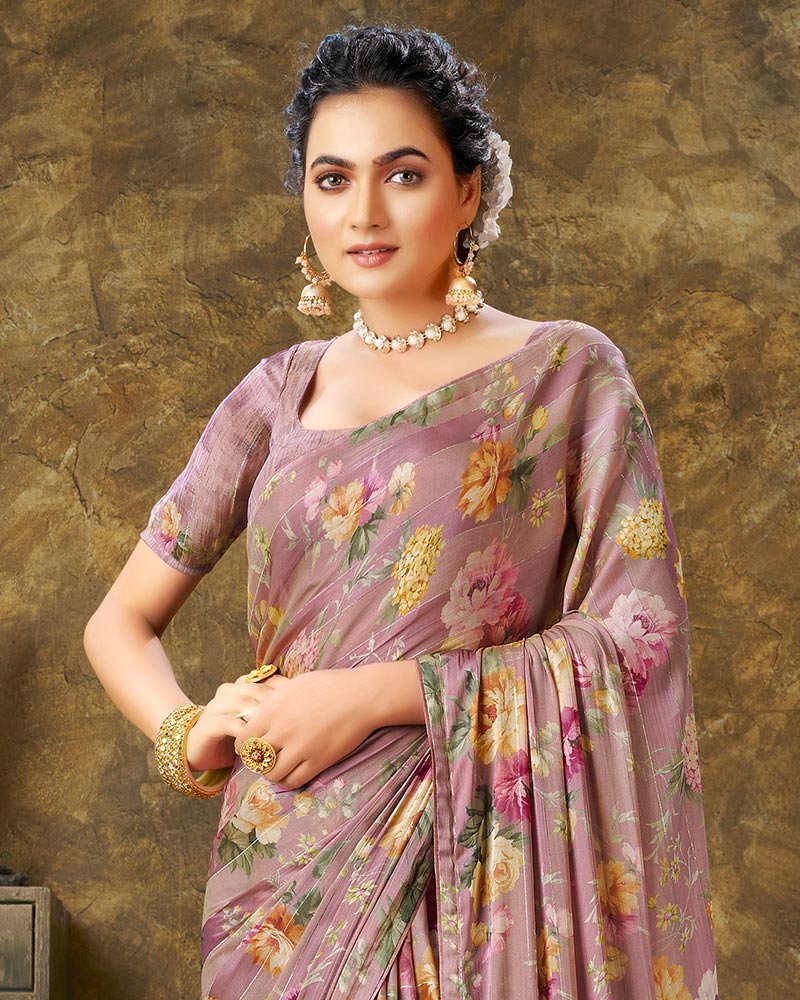 Vishal Prints Pastel Brown Patterned Chiffon Digital Print Saree With Tassel