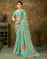 Vishal Prints Dark Sea Green Patterned Chiffon Digital Print Saree With Tassel
