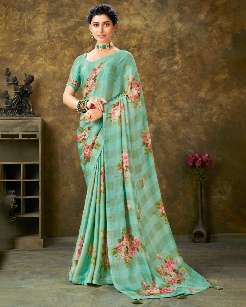 Vishal Prints Dark Sea Green Patterned Chiffon Digital Print Saree With Tassel