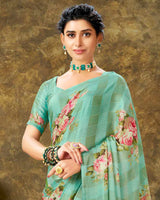 Vishal Prints Dark Sea Green Patterned Chiffon Digital Print Saree With Tassel
