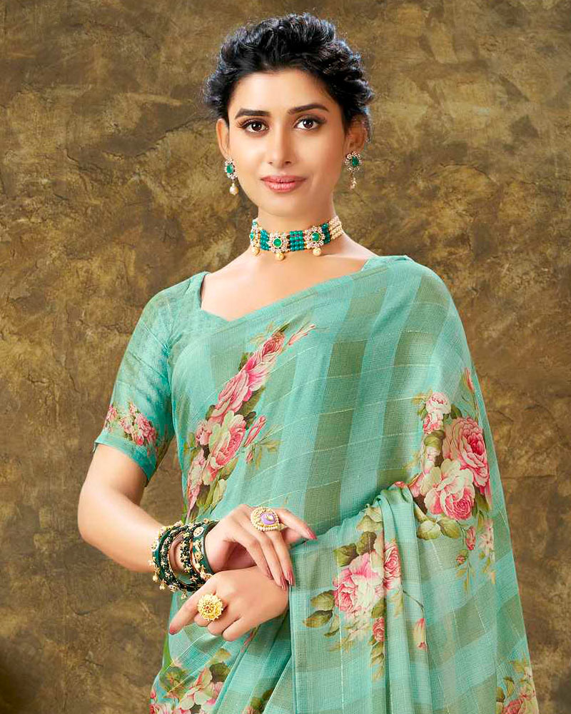 Vishal Prints Dark Sea Green Patterned Chiffon Digital Print Saree With Tassel