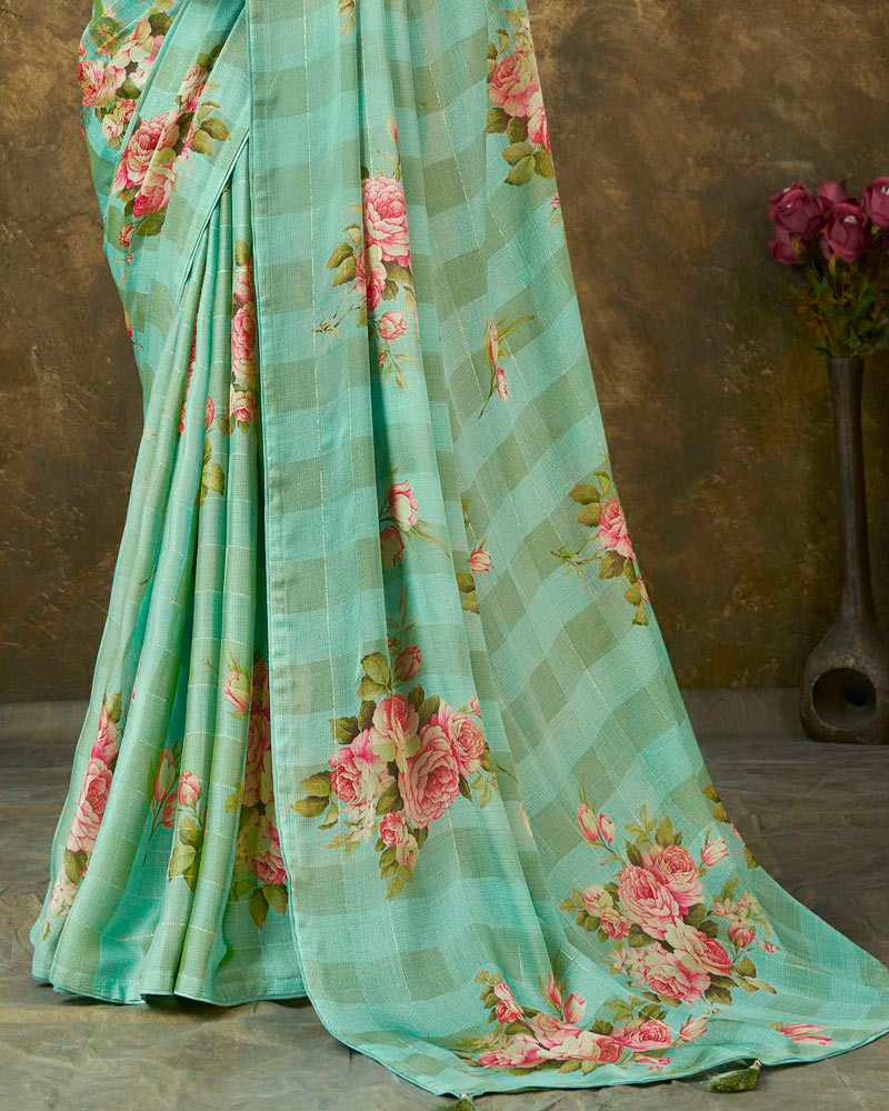 Vishal Prints Dark Sea Green Patterned Chiffon Digital Print Saree With Tassel