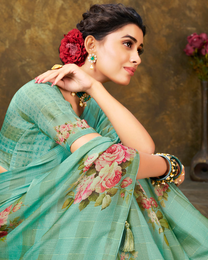 Vishal Prints Dark Sea Green Patterned Chiffon Digital Print Saree With Tassel
