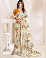 Vishal Prints Cream And Mustard Printed Georgette Saree With Fancy Border