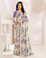 Vishal Prints Cream And Dusty Lavender Printed Georgette Saree With Fancy Border