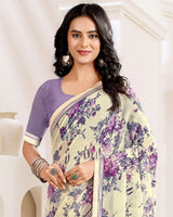 Vishal Prints Cream And Dusty Lavender Printed Georgette Saree With Fancy Border