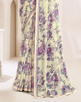 Vishal Prints Cream And Dusty Lavender Printed Georgette Saree With Fancy Border