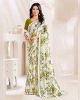 Vishal Prints Cream And Olive Yellow Printed Georgette Saree With Fancy Border