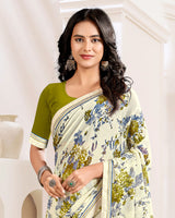 Vishal Prints Cream And Olive Yellow Printed Georgette Saree With Fancy Border