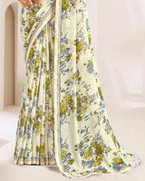 Vishal Prints Cream And Olive Yellow Printed Georgette Saree With Fancy Border