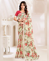 Vishal Prints Cream And Faded Red Printed Georgette Saree With Fancy Border