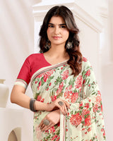 Vishal Prints Cream And Faded Red Printed Georgette Saree With Fancy Border