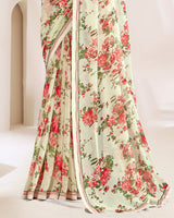 Vishal Prints Cream And Faded Red Printed Georgette Saree With Fancy Border