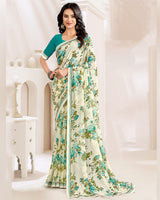 Vishal Prints Cream And Aqua Green Printed Georgette Saree With Fancy Border