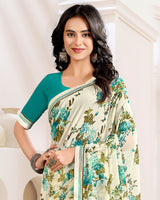 Vishal Prints Cream And Aqua Green Printed Georgette Saree With Fancy Border