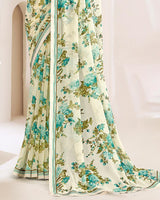 Vishal Prints Cream And Aqua Green Printed Georgette Saree With Fancy Border