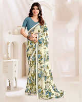Vishal Prints Cream And Slate Grey Printed Georgette Saree With Fancy Border