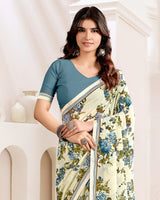 Vishal Prints Cream And Slate Grey Printed Georgette Saree With Fancy Border