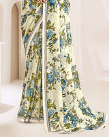 Vishal Prints Cream And Slate Grey Printed Georgette Saree With Fancy Border