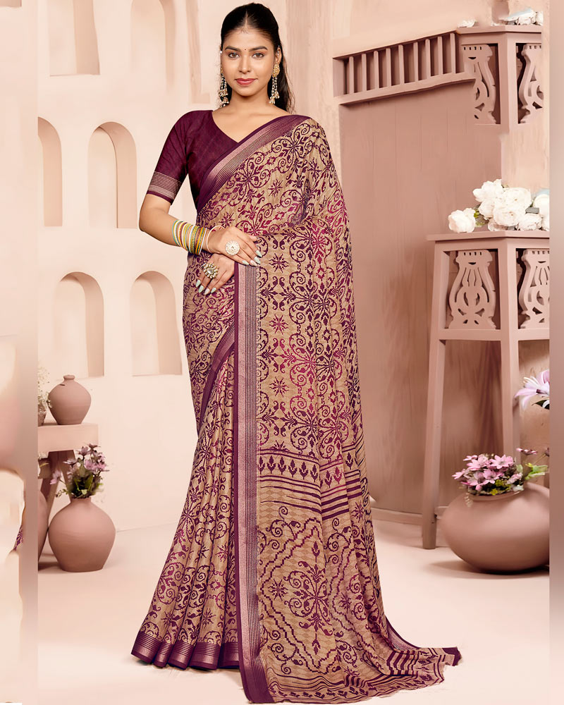 Vishal Prints Wine And Pinkish Tan Criva Crepe Digital Print Saree With Weaved Viscose Patta