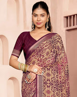 Vishal Prints Wine And Pinkish Tan Criva Crepe Digital Print Saree With Weaved Viscose Patta