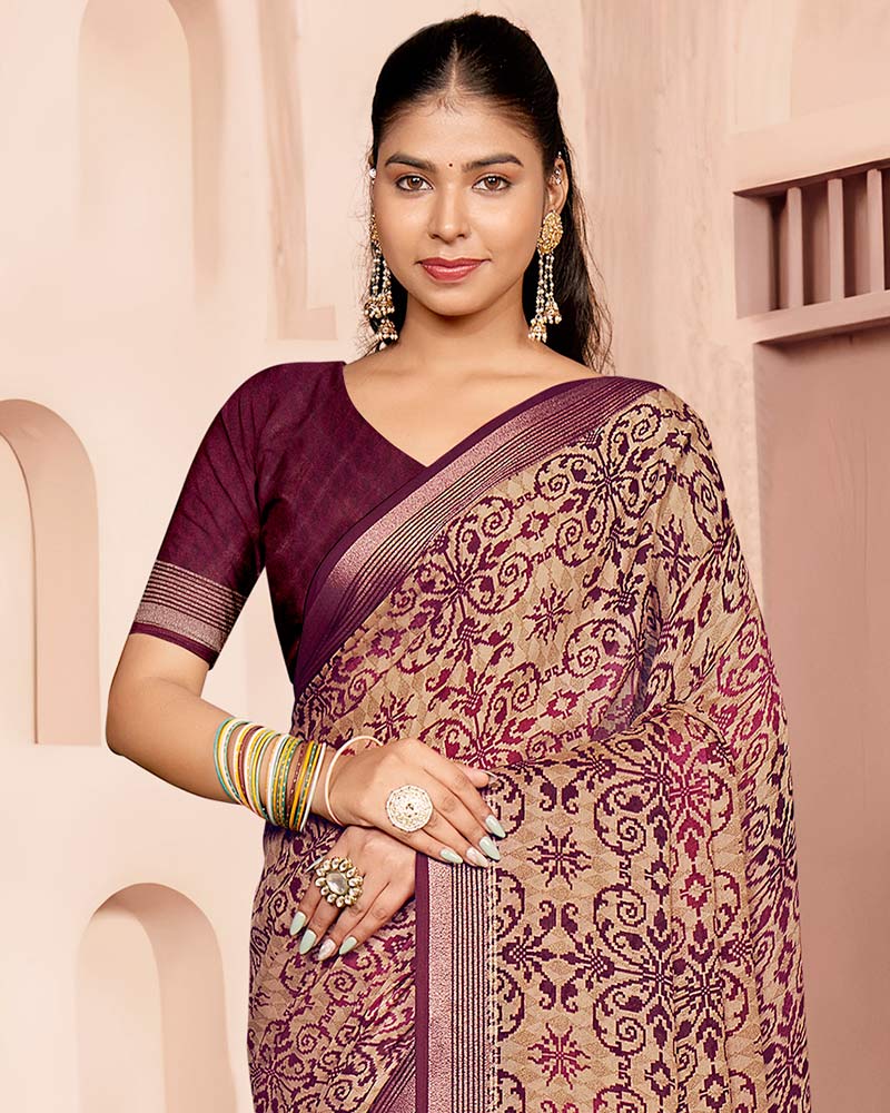 Vishal Prints Wine And Pinkish Tan Criva Crepe Digital Print Saree With Weaved Viscose Patta