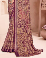 Vishal Prints Wine And Pinkish Tan Criva Crepe Digital Print Saree With Weaved Viscose Patta