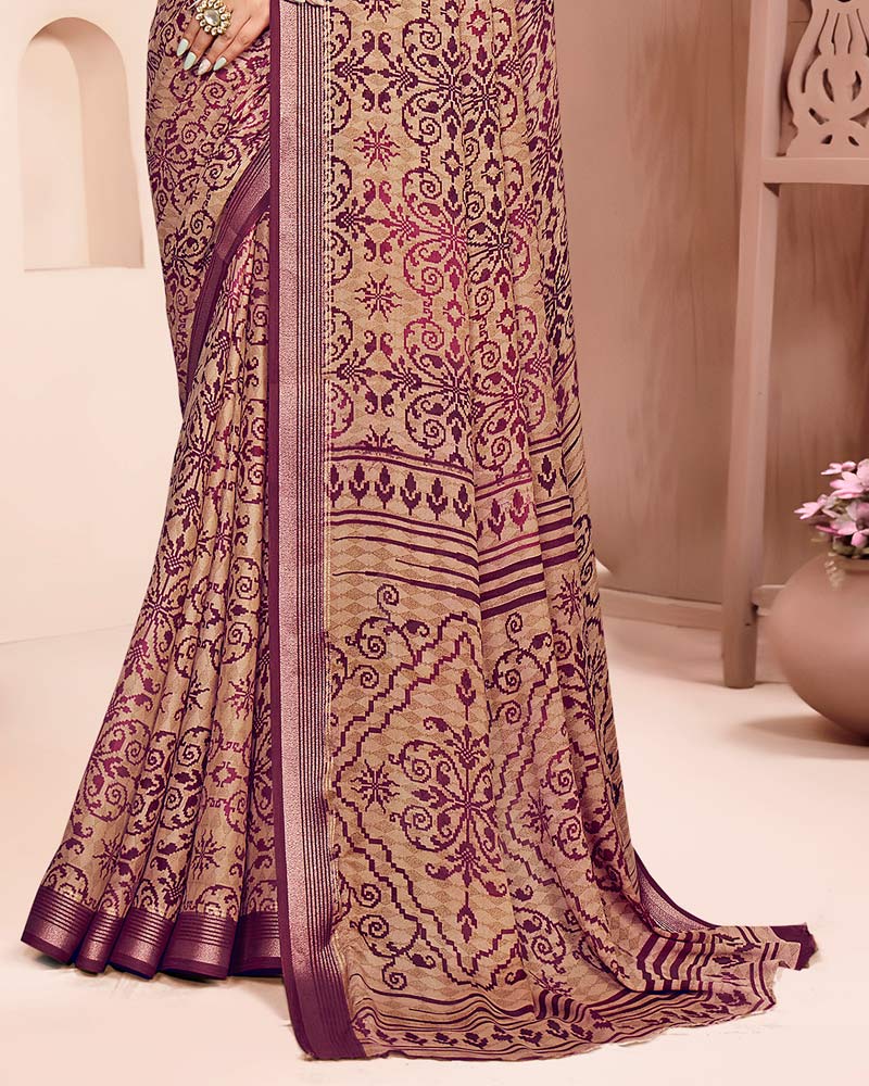 Vishal Prints Wine And Pinkish Tan Criva Crepe Digital Print Saree With Weaved Viscose Patta