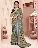 Vishal Prints Teal Green And Pastel Beige Criva Crepe Digital Print Saree With Weaved Viscose Patta