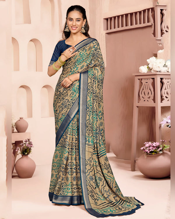 Vishal Prints Teal Green And Pastel Beige Criva Crepe Digital Print Saree With Weaved Viscose Patta