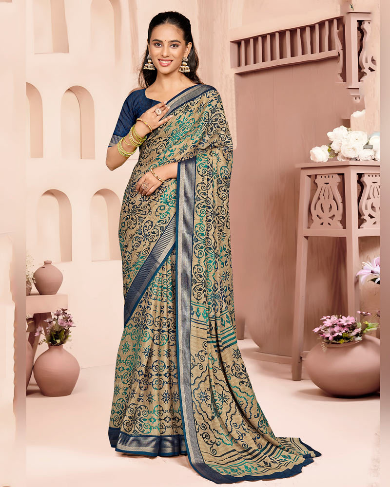 Vishal Prints Teal Green And Pastel Beige Criva Crepe Digital Print Saree With Weaved Viscose Patta