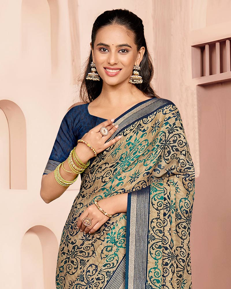 Vishal Prints Teal Green And Pastel Beige Criva Crepe Digital Print Saree With Weaved Viscose Patta