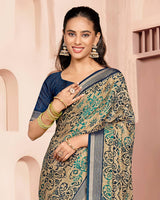 Vishal Prints Teal Green And Pastel Beige Criva Crepe Digital Print Saree With Weaved Viscose Patta