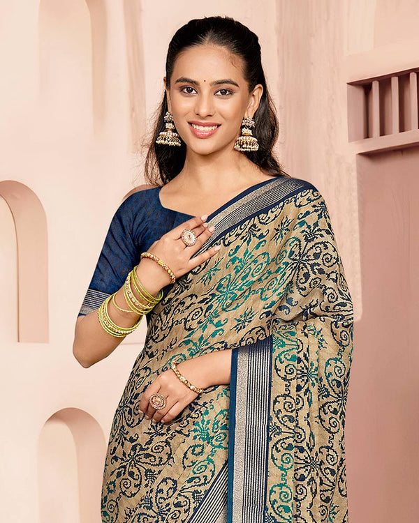 Vishal Prints Teal Green And Pastel Beige Criva Crepe Digital Print Saree With Weaved Viscose Patta