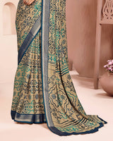 Vishal Prints Teal Green And Pastel Beige Criva Crepe Digital Print Saree With Weaved Viscose Patta