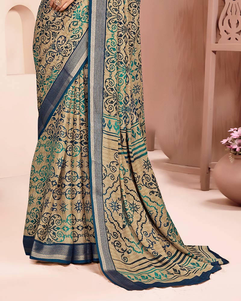 Vishal Prints Teal Green And Pastel Beige Criva Crepe Digital Print Saree With Weaved Viscose Patta
