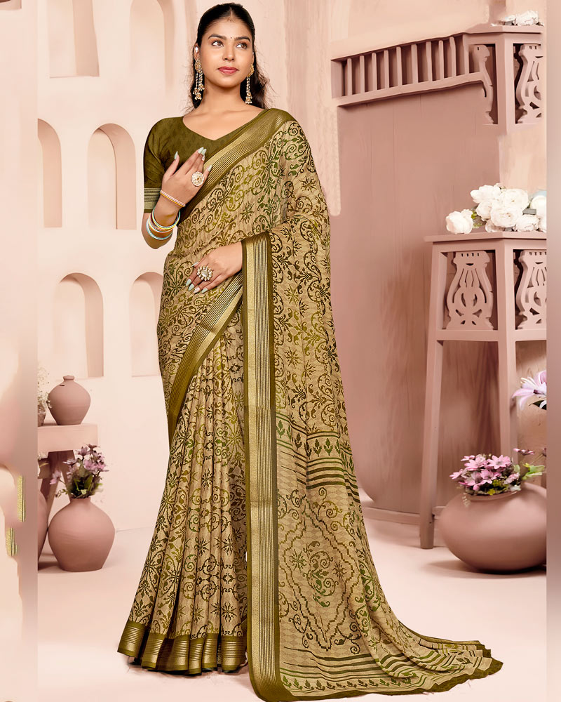 Vishal Prints Greenish Brown And Dark Beige Criva Crepe Digital Print Saree With Weaved Viscose Patta