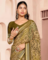 Vishal Prints Greenish Brown And Dark Beige Criva Crepe Digital Print Saree With Weaved Viscose Patta