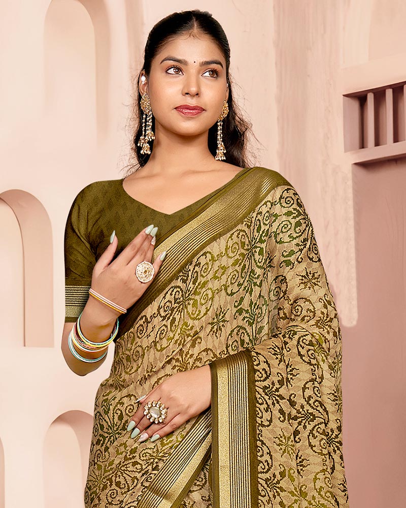 Vishal Prints Greenish Brown And Dark Beige Criva Crepe Digital Print Saree With Weaved Viscose Patta