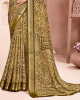 Vishal Prints Greenish Brown And Dark Beige Criva Crepe Digital Print Saree With Weaved Viscose Patta
