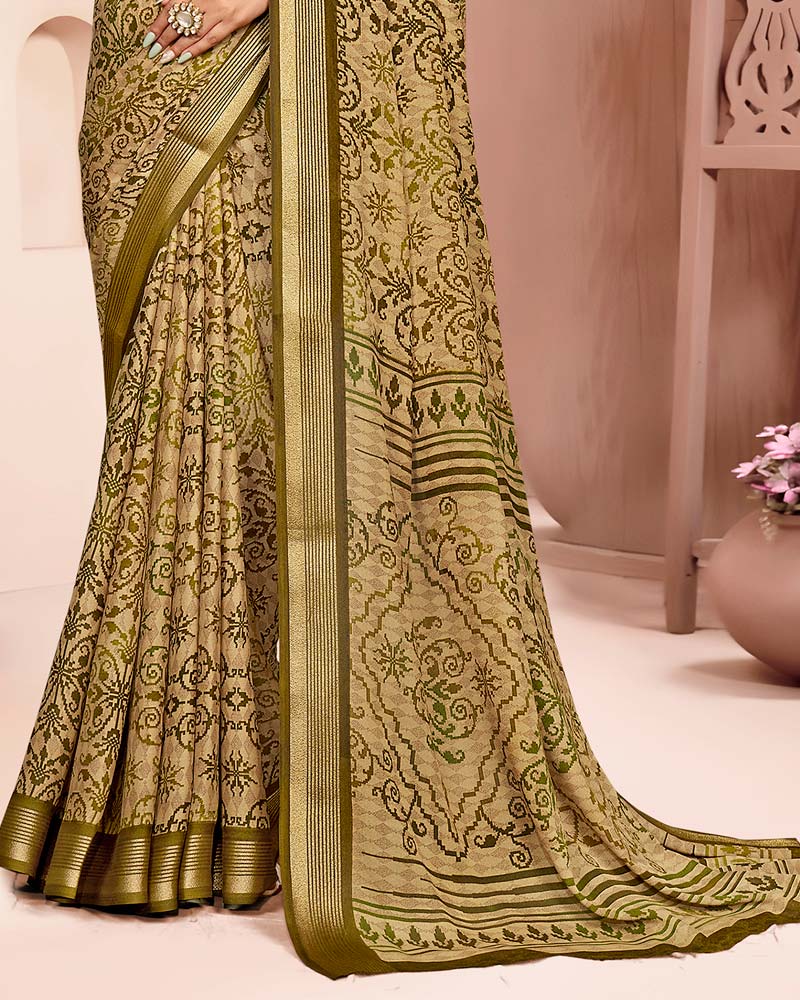 Vishal Prints Greenish Brown And Dark Beige Criva Crepe Digital Print Saree With Weaved Viscose Patta
