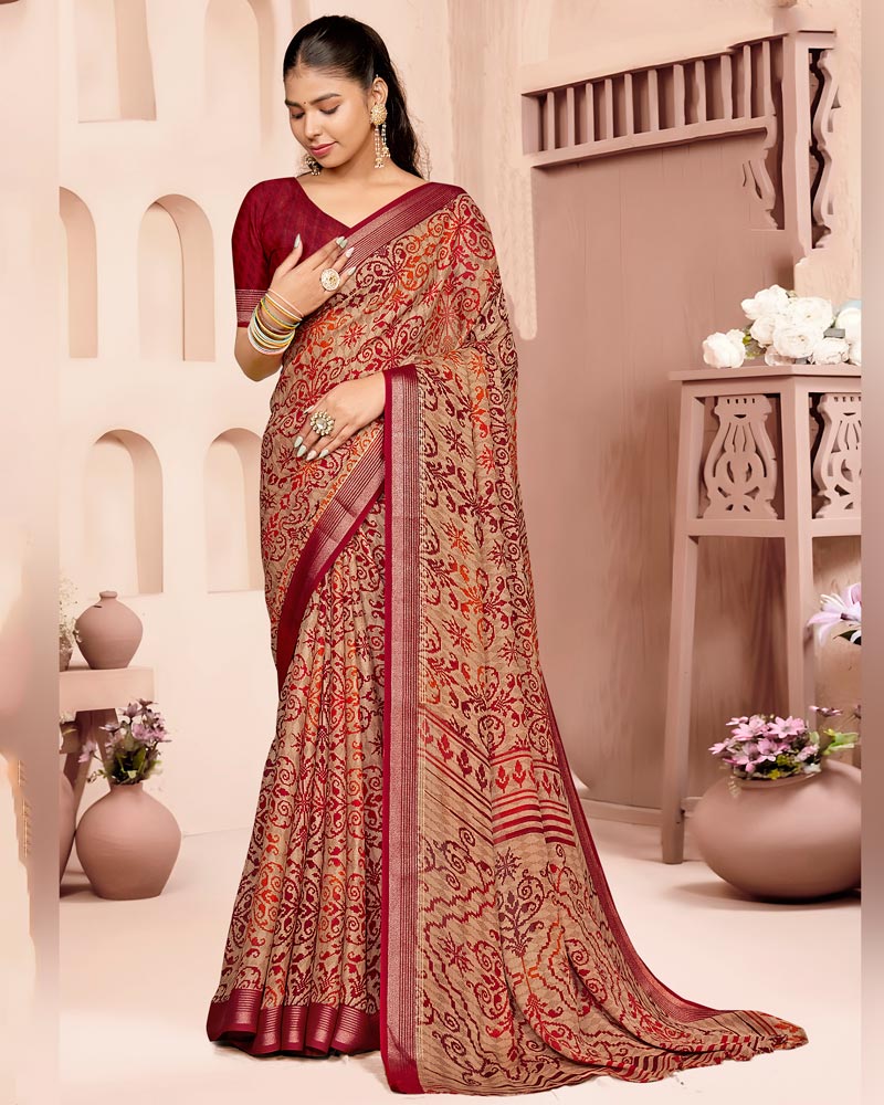 Vishal Prints Paprika Red And Dark Beige Criva Crepe Digital Print Saree With Weaved Viscose Patta