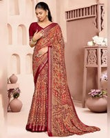 Vishal Prints Paprika Red And Dark Beige Criva Crepe Digital Print Saree With Weaved Viscose Patta