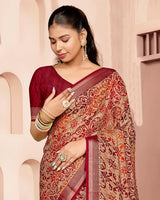 Vishal Prints Paprika Red And Dark Beige Criva Crepe Digital Print Saree With Weaved Viscose Patta